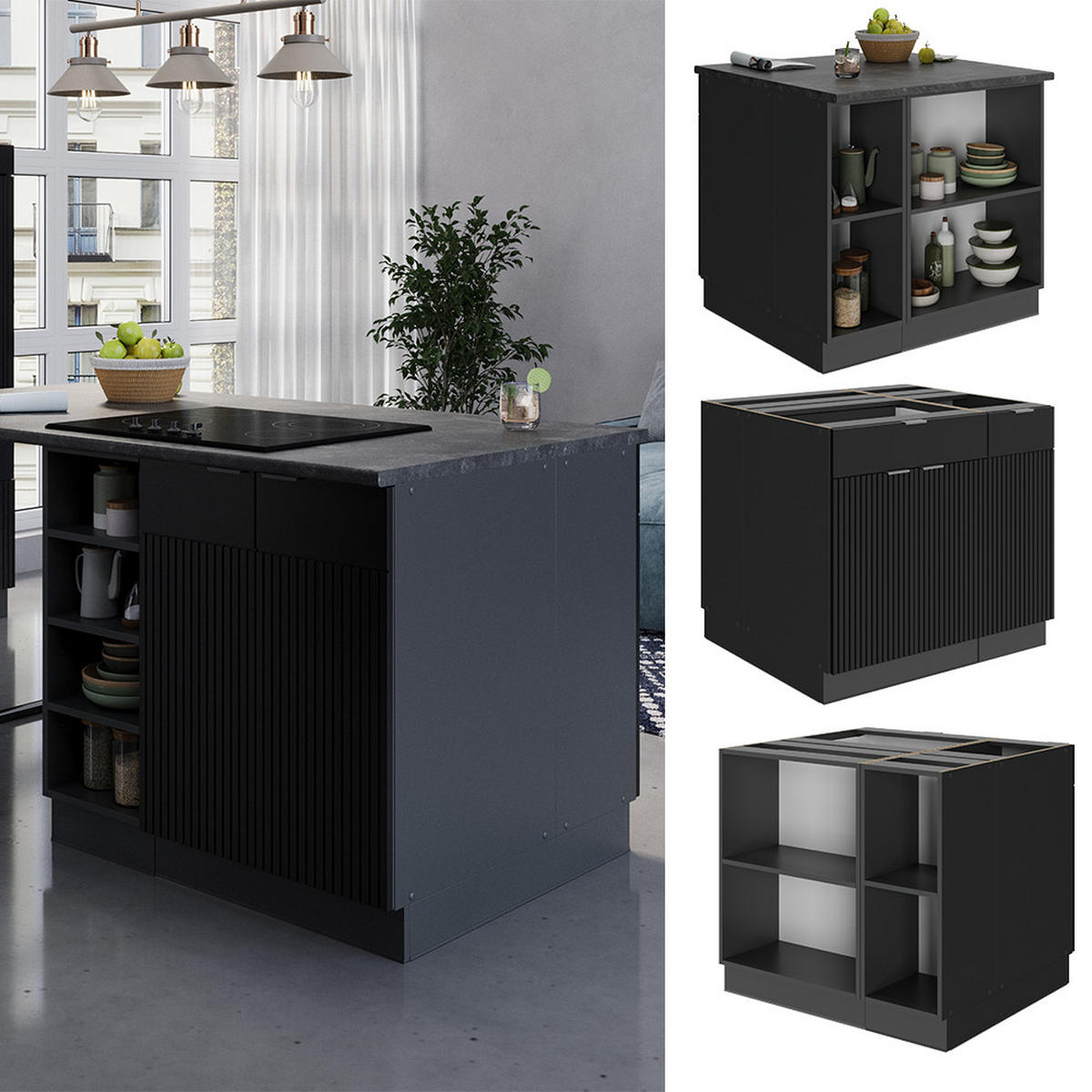 KÜCHENINSEL Fame-Line, Schwarz gestreift, 90 cm mit Schublade, ohne Arbeitsplatte - Anthrazit/Schwarz, Holzwerkstoff (90/82/60cm) - Vicco