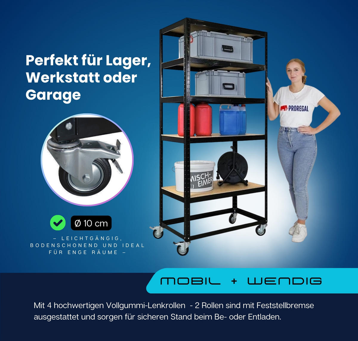 KOMMISSIONIERWAGEN 2er Set BÜFFEL 190x90x50cm 5 Ebenen Fachlast 50kg 2X Lenkrollen & 2X Lenkrollen mit Feststellbremse Schwarz - Schwarz, Metall (180/190/50cm) - PROREGAL