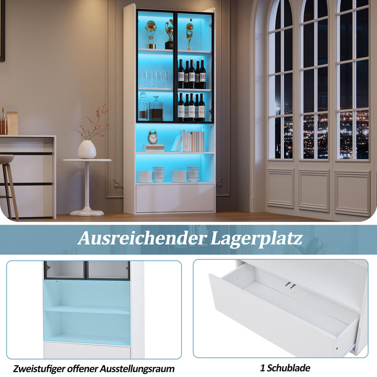 VITRINE Weiß mit Glastüren, einer Schublade und App-gesteuerter LED-Beleuchtung 80 × 34 × 180 cm aus MDF und Glas - Weiß, Holzwerkstoff (80/180/34cm) - Luhomfu