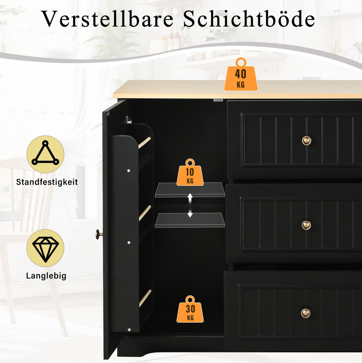 SIDEBOARD 126/40/86 cm Schwarz aus MDF mit 3 Schubladen und Türen - Schwarz, Holzwerkstoff (40/86/126cm) - OKWISH