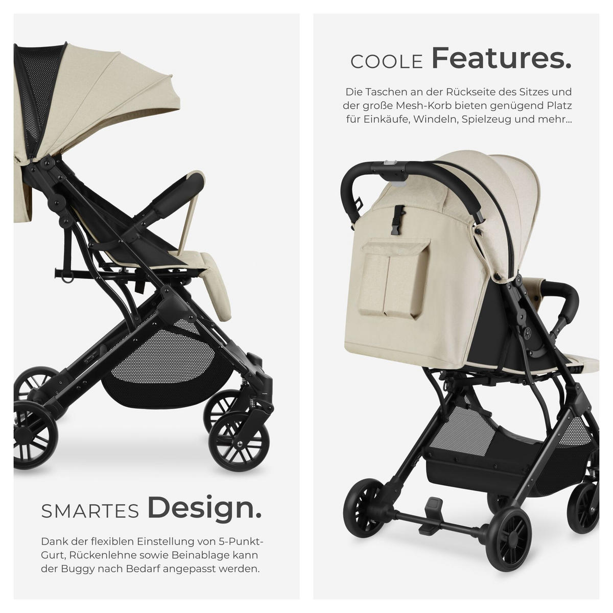 BUGGY-KINDERWAGEN Finn, für 0 bis 36 Monate geeignet, Belastbarkeit 15 kg, grau/beige - Beige/Grau, Textil (95/51/105cm) - tectake