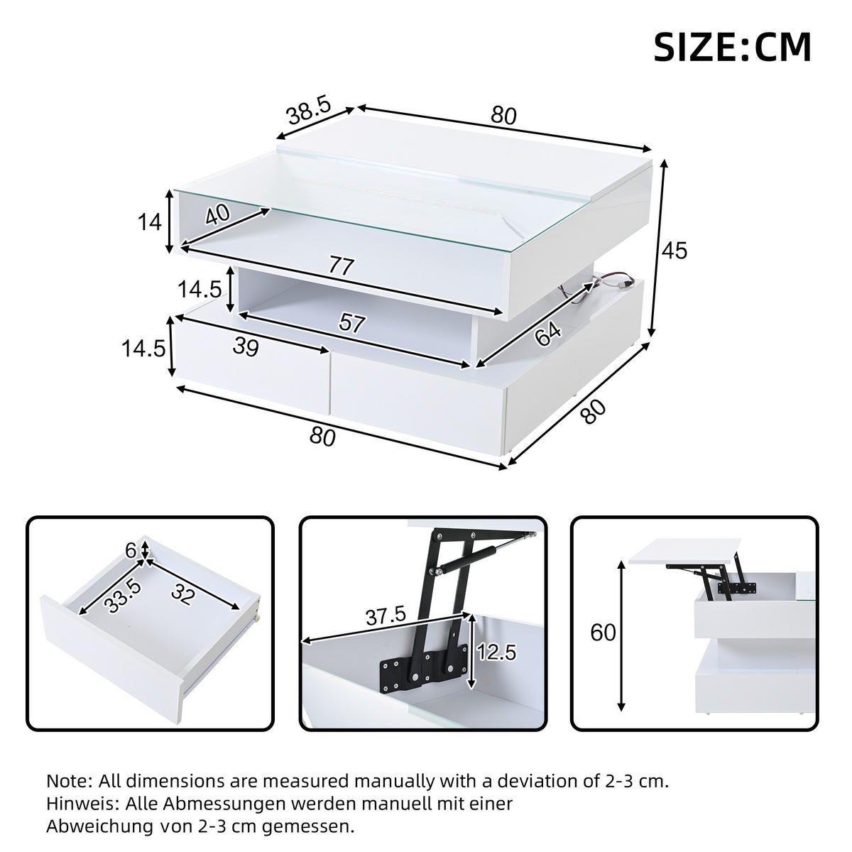 COUCHTISCH 80/80/45 cm höhenverstellbar mit Stauraum und 2 Schubladen in Weiß - Weiß, Holzwerkstoff (80/80/45cm) - OKWISH