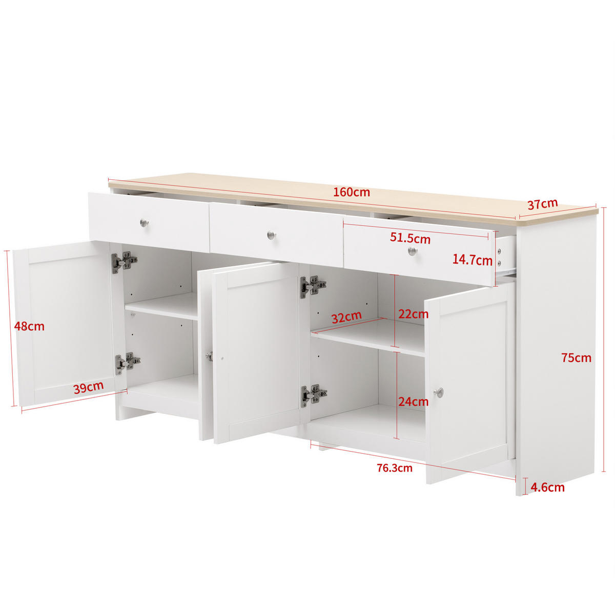 SIDEBOARD 160/37/75 cm Weiß und Holzfarben aus MDF mit 3 Schubladen - Weiß, Holzwerkstoff (37/75/160cm) - OKMYHOME
