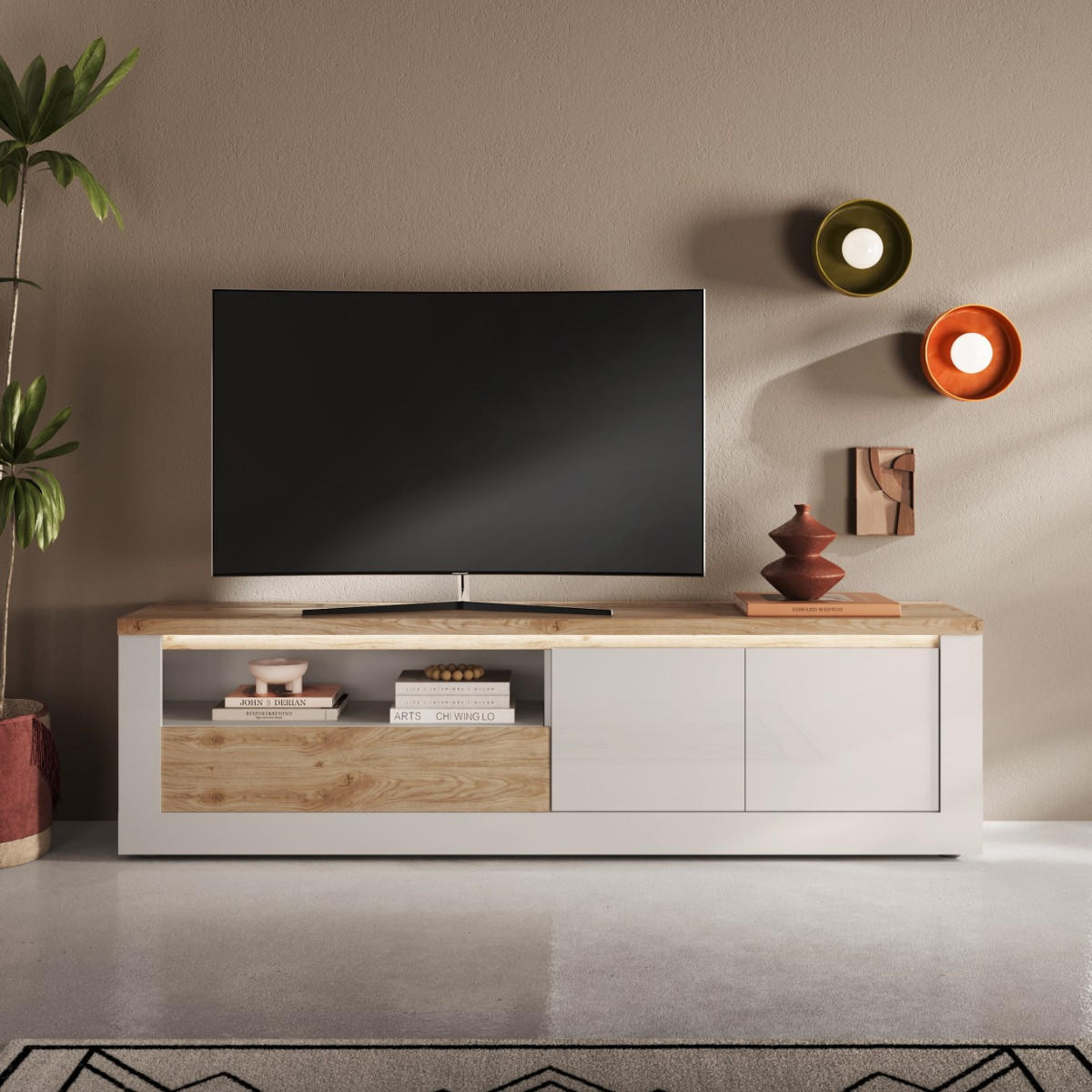 TV-MÖBEL2 Türen LED-Beleuchtung Eichendekor und Weiß 207/43/58 cm - Weiß, Holzwerkstoff (43/58/207cm) - Calicosy