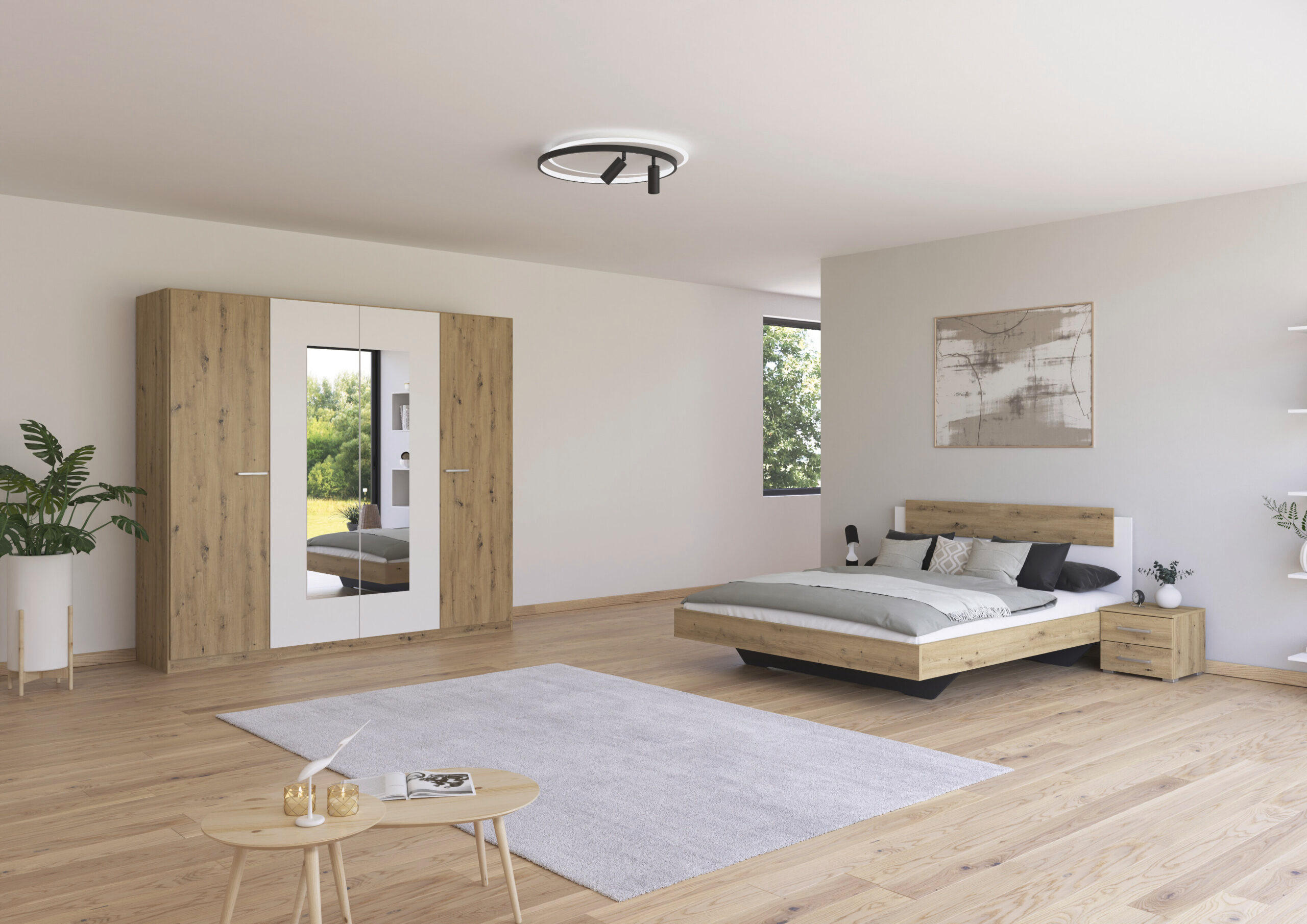 SCHLAFZIMMER Borba in Eiche und Weiß 4 teilig – mit Bettanlage 160x200cm, zwei Nachttisch und Drehtürenschrank 225cm Breite - Braun, Holzwerkstoff (80/200/120cm)