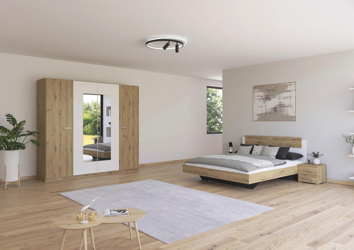 SCHLAFZIMMER Borba in Eiche und Weiß 4 teilig – mit Bettanlage 160x200cm, zwei Nachttisch und Drehtürenschrank 225cm Breite - Braun, Holzwerkstoff (80/200/120cm)