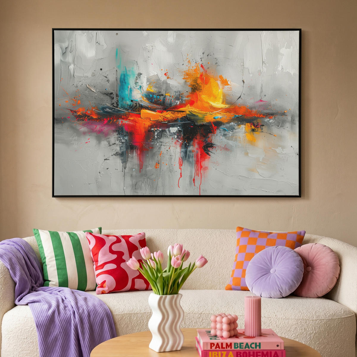 LEINWAND Bilder mit Rahmen - Moderne Kunst - Orange - Grau - Abstrakt - 120x80 - Hellgrau, Textil (120/80cm) - MuchoWow