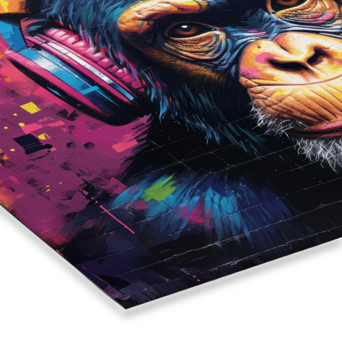 POSTER MIT RAHMEN Graffiti - Schimpanse - Straßenkunst - Kopfhörer - Affe 120x80 cm - Blau, Papier (120/80cm) - MuchoWow
