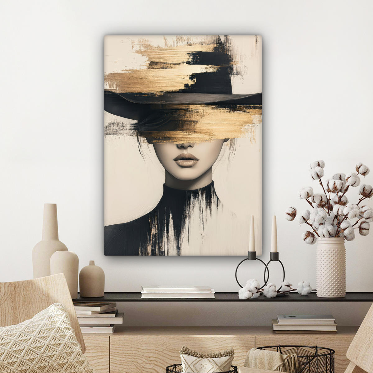 LEINWANDBILD Frau - Hut - Farbe Wandbild Wohnzimmer 60x80 cm - Goldfarben, Textil (60/80cm) - MuchoWow