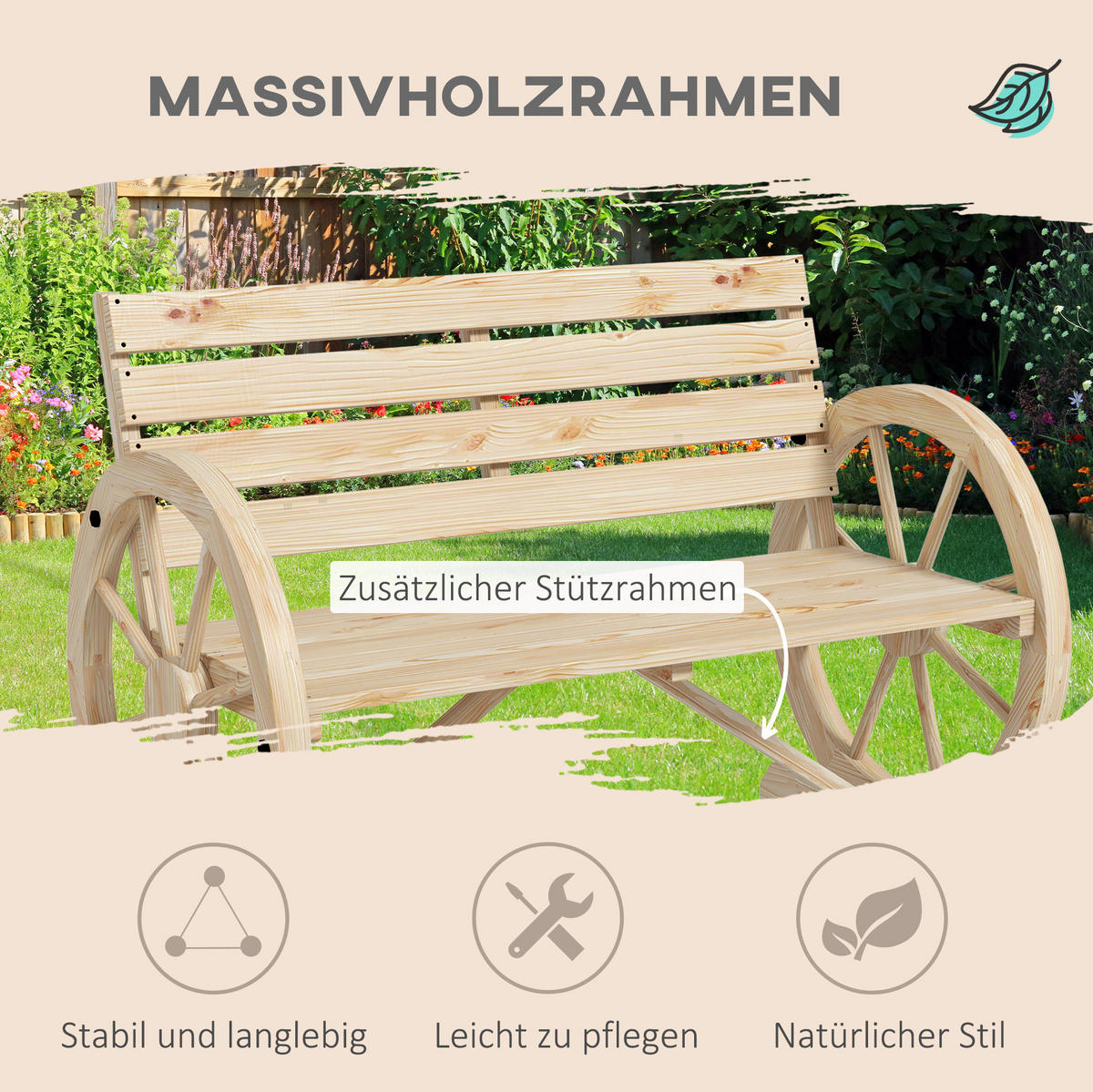 ZAHRADNÍ lavice přírodní z dřeva s područkami ve tvaru kol pro 2 osoby - přírodní, kompozitní dřevo (56/79/105.5cm) - OKWISH