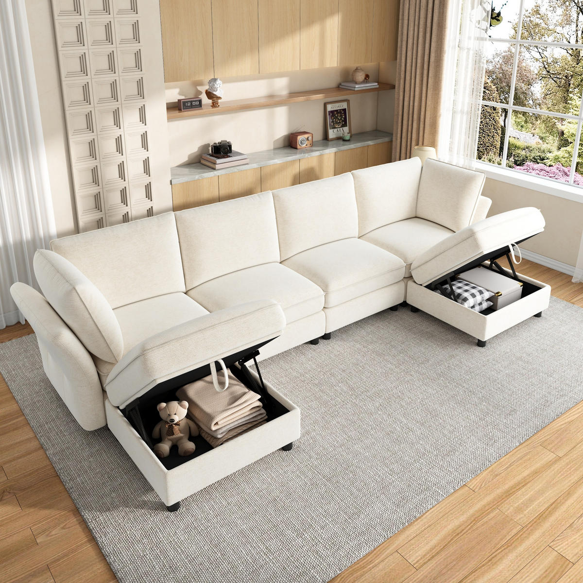 ECKSOFA mit 2 Stauraum-Hockern und Taschenfedern aus Chenille - Beige, Textil (289/137cm) - EVRYAE