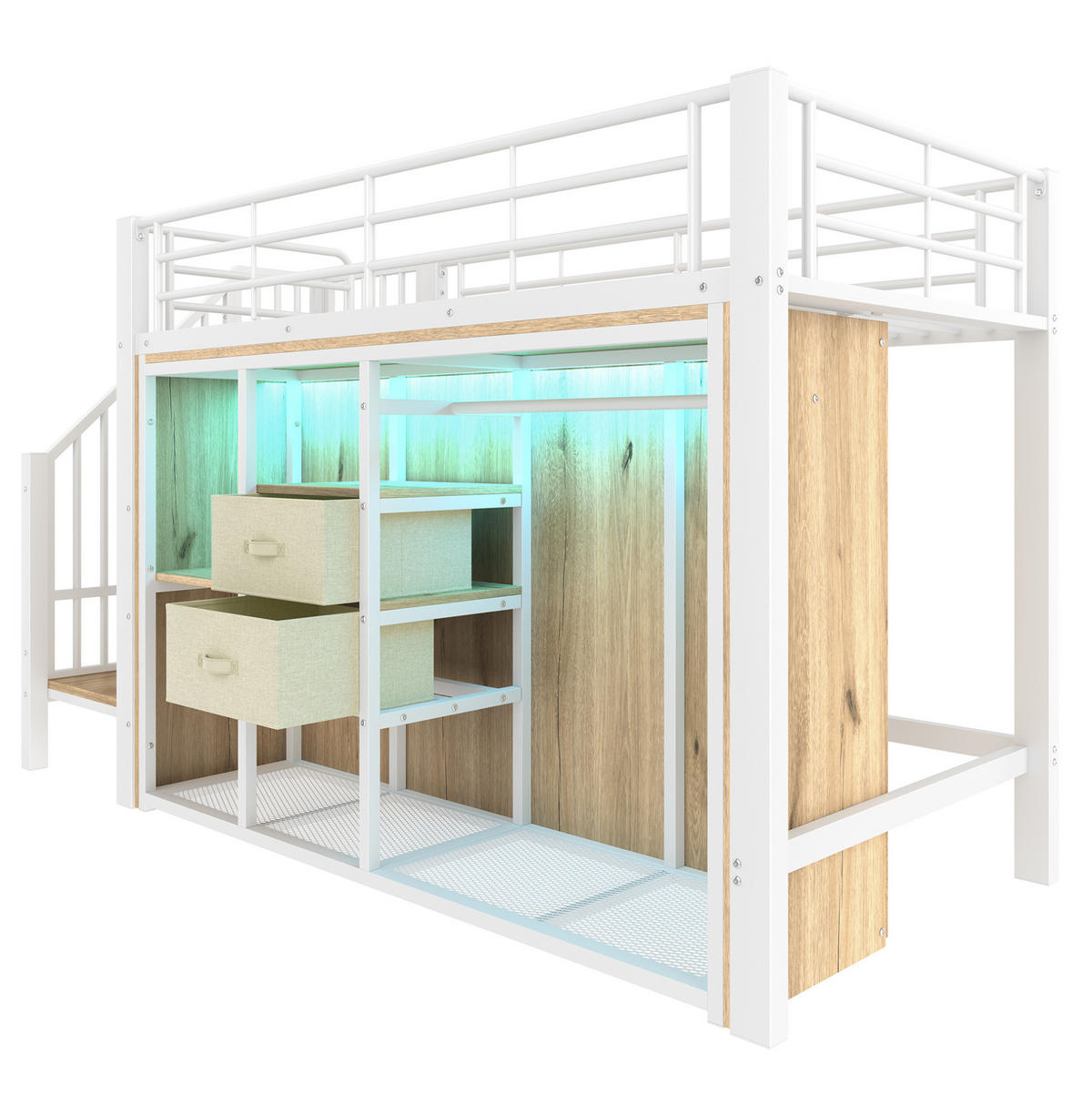 HALBHOHES BETT 90/200 cm Weiß mit 2 Schubladen und LED-Beleuchtung - Weiß, Metall (90/200cm) - MIVRAY
