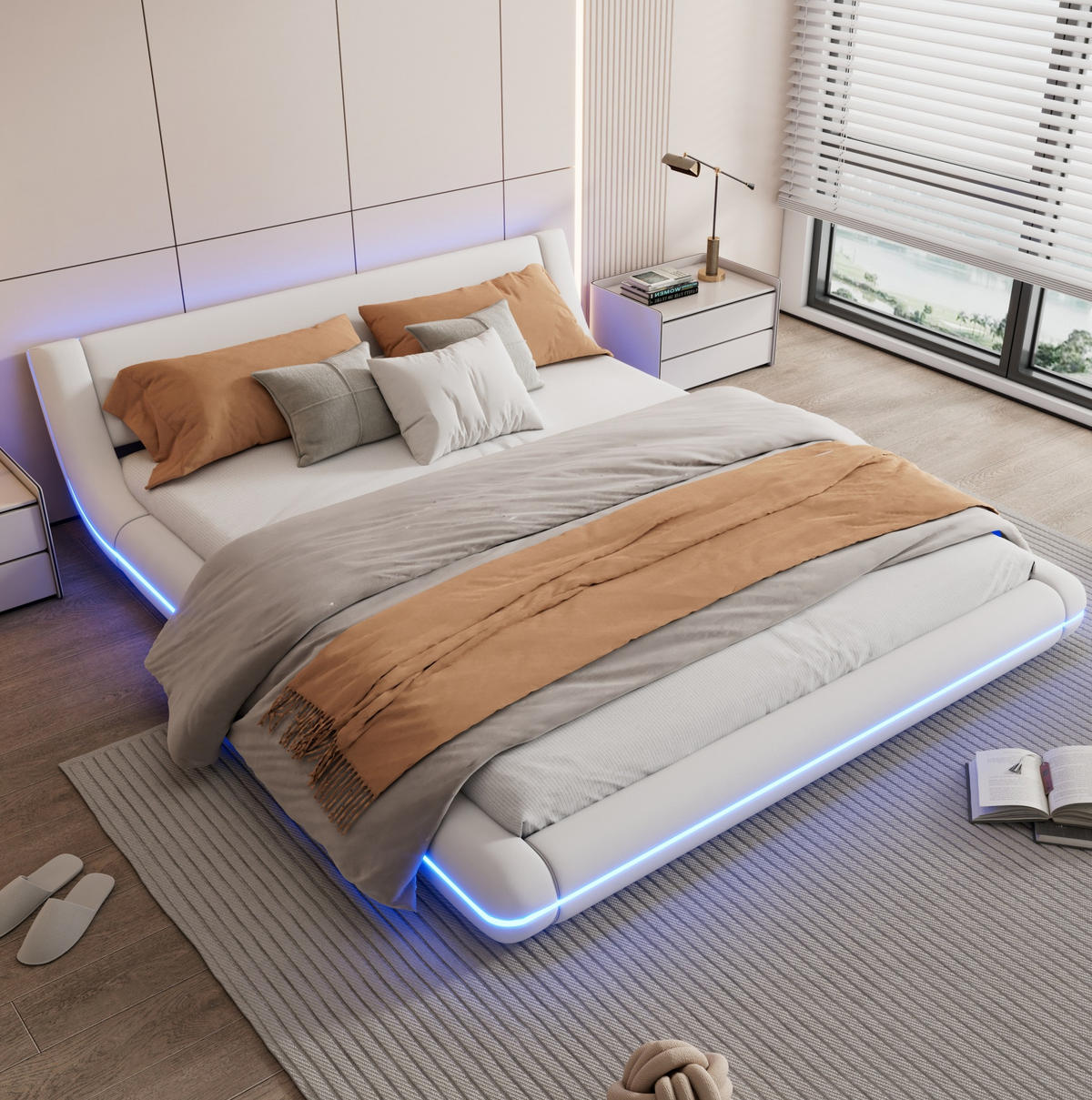 KREVET 160/200 cm od PU-a s LED osvjetljenjem i podnim dizajnom, Bijela - bijela, koža (160/200cm) - Redom