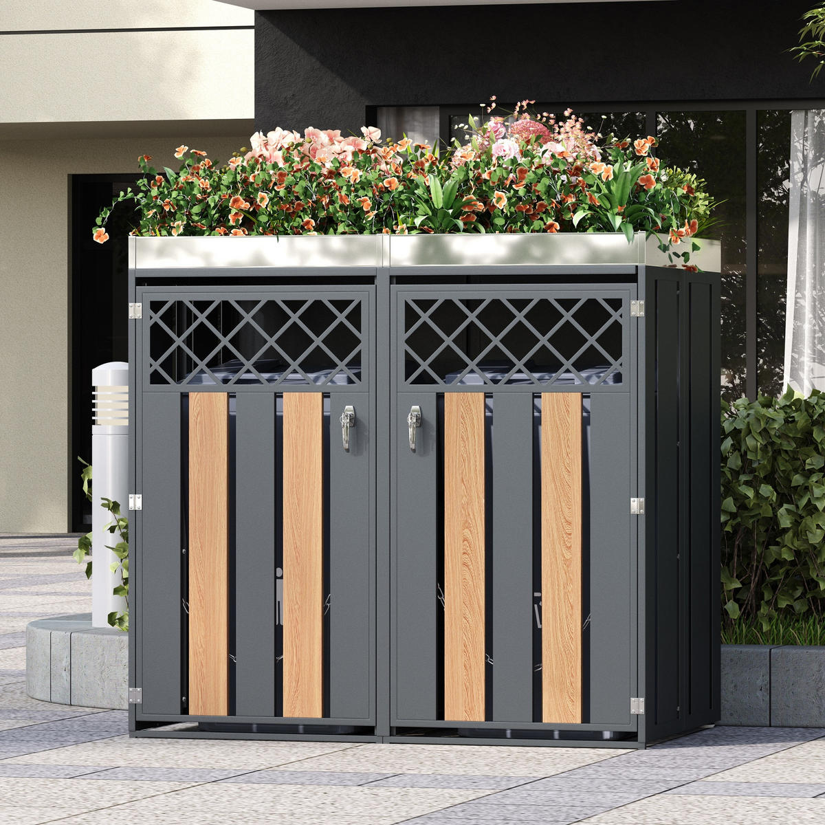 MÜLLTONNENBOX 2 Türen Pflanzfläche Lüftung abschließbar - Grau, Metall (132/124.5/80cm) - LEBENLANG
