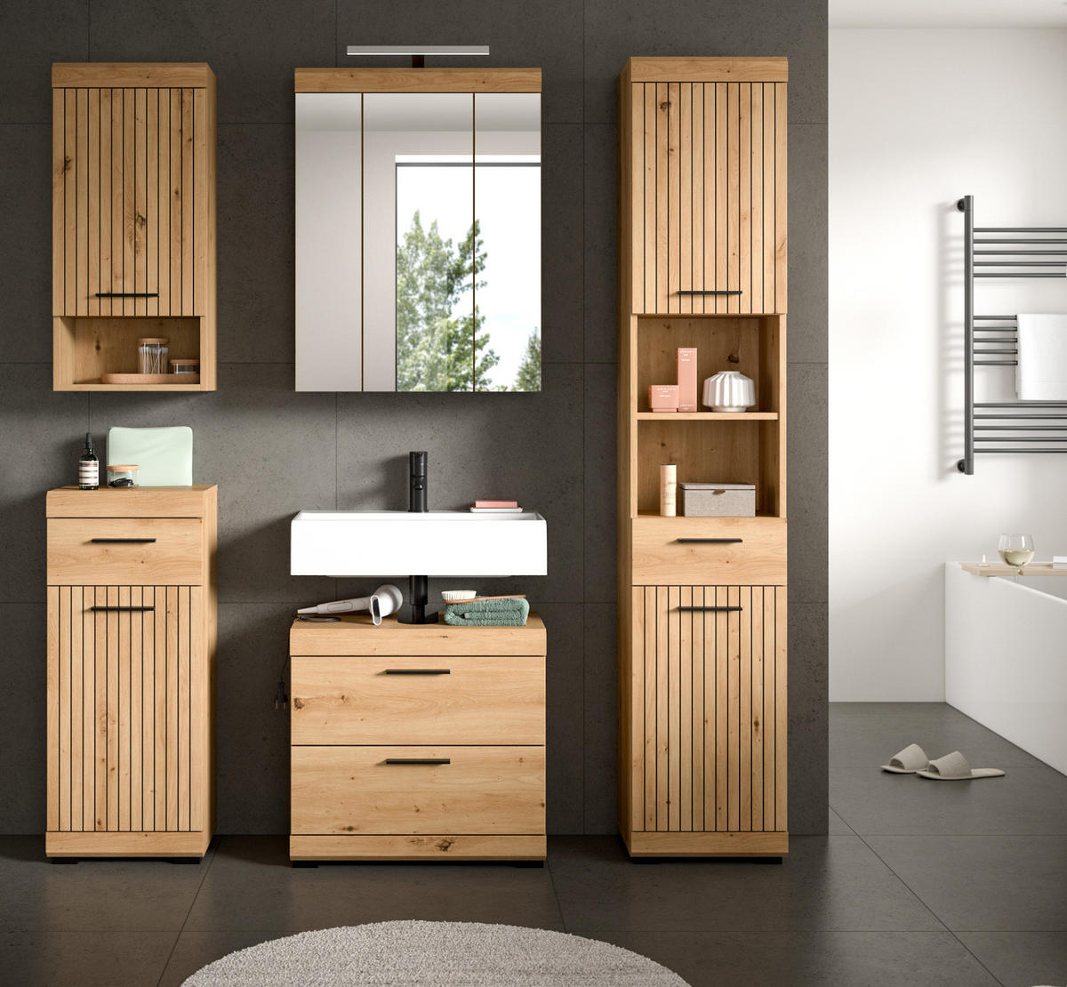 WASCHBECKENUNTERSCHRANK Eiche Artisan 60 cm, Badezimmer Unterschrank mit Schubkästen - Schwarz/Eiche Artisan, Holzwerkstoff/Kunststoff (60/56/34cm) - Inn.Furn