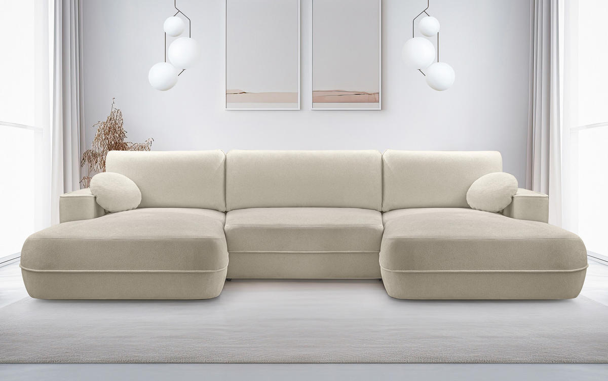 WOHNLANDSCHAFT Peoni Beige 364/168/87 cm mit Schlaffunktion - Beige/Schwarz, Kunststoff/Textil (364/87/168cm) - AX Living