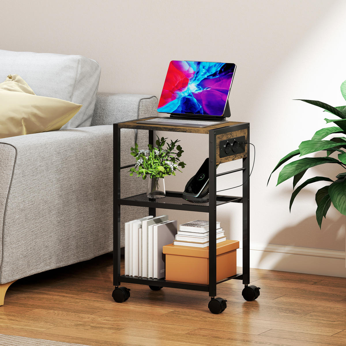 DRUCKERSTÄNDER Druckeregal mit Rollen, Steckdosen, USB- und USB-C-Anschlüsse - Rostfarben/Schwarz, Holzwerkstoff/Metall (28/64.5/42cm) - HOMCOM