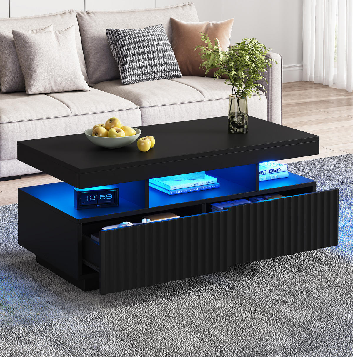 COUCHTISCH 100/50/45 cm in Schwarz mit 2 Schubladen und LED-Beleuchtung - Schwarz, Holzwerkstoff (100/50/45cm) - Flora Grace