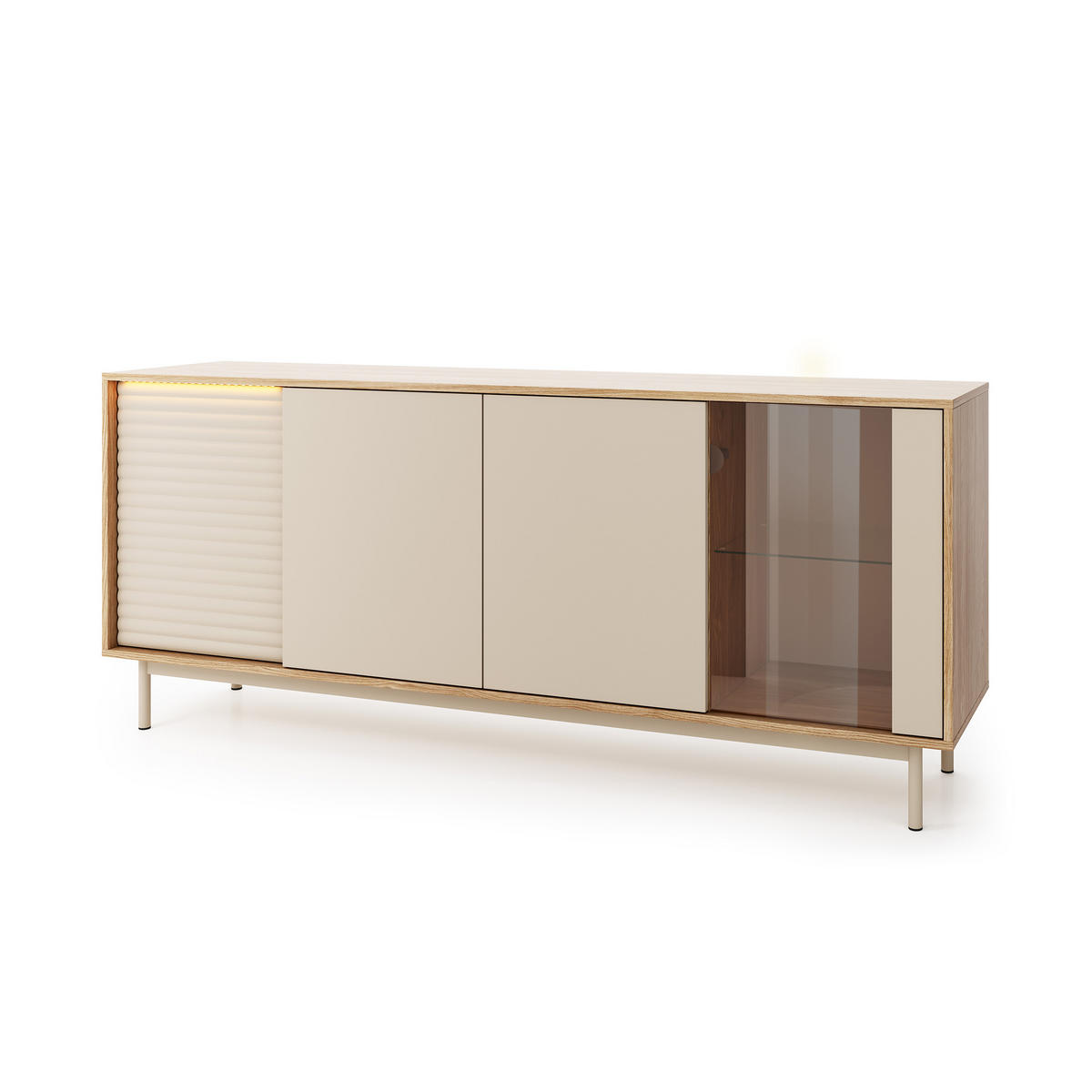 KOMMODE Terra mit 4 Türen und LED-Beleuchtung, Kaschmir/geölte Eiche - Kaschmir, Holzwerkstoff/Metall (184/77/40cm) - Beautysofa