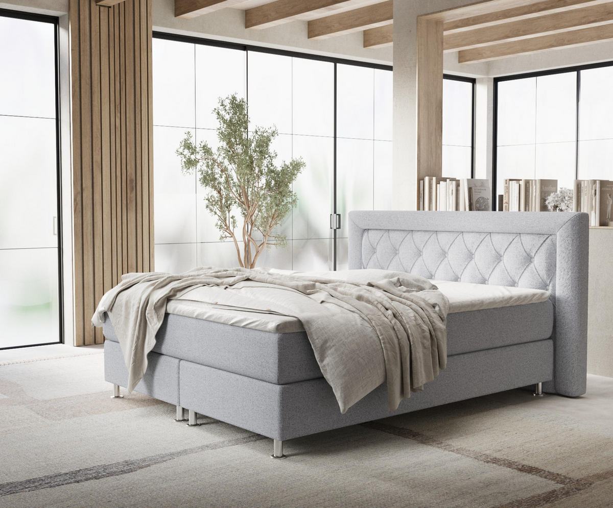 BOXSPRINGBETT Lavello Hellgrau 140/200 cm mit Latex-Topper - Silberfarben/Hellgrau, Holz/Holzwerkstoff (140/200cm) - Maison de Reve