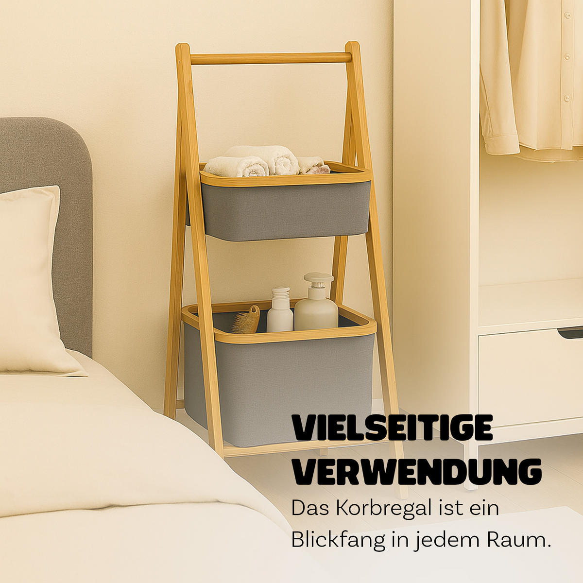 AUFBEWAHRUNGSREGAL Bambus mit 2 Stoffkörben - 34×45×97 cm - Grau, Textil (45/97/34cm) - Bestlivings