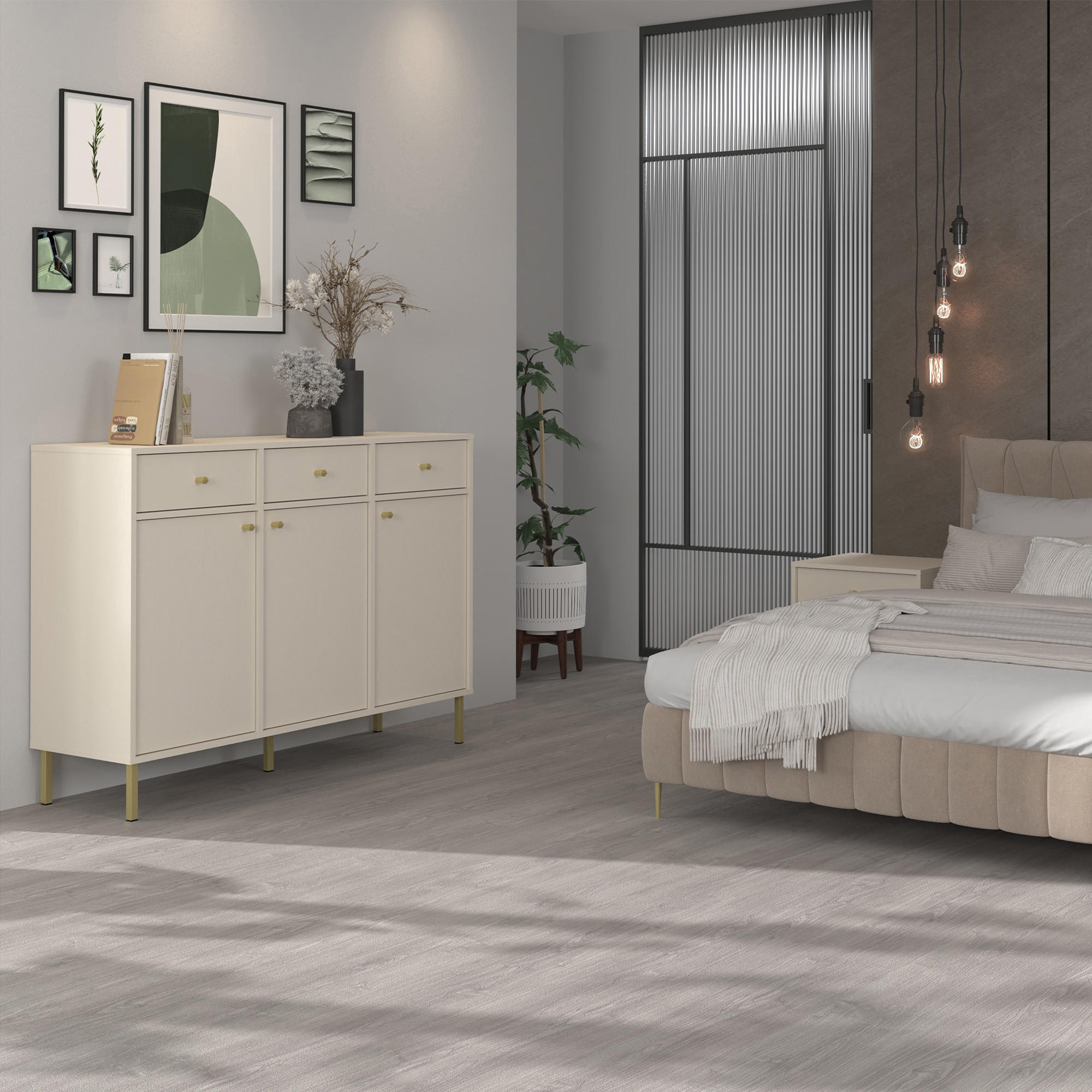 KOMMODE FLOREN, Creme/Gold - Creme, Holzwerkstoff/Metall (124.5/95/40.8cm) - KONSIMO®
