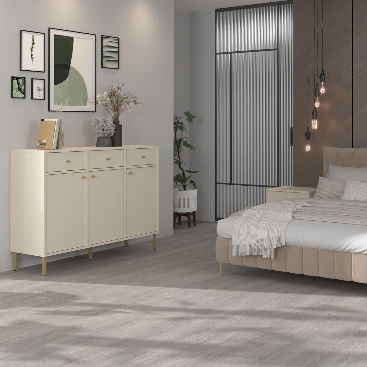 KOMMODE FLOREN, Creme/Gold - Creme, Holzwerkstoff/Metall (124.5/95/40.8cm) - KONSIMO®
