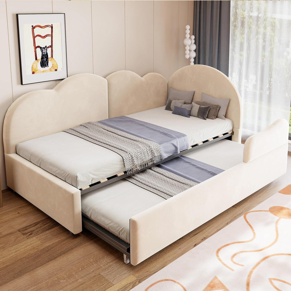 POLSTERBETT 90/200 mit Ausziehbett und Wolkenkopfteil in Beige - Beige, Holzwerkstoff/Textil (90/200cm) - EVRYAE