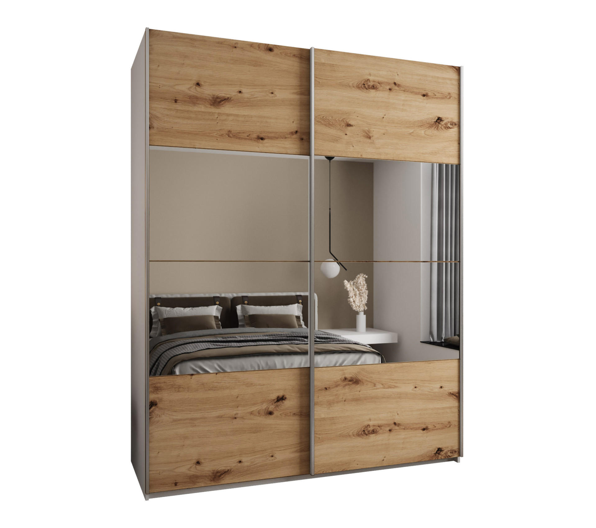 Abiks Möbel Schwebetürenschrank Weiß, Eiche Artisan, Silber 200x245x64 cm