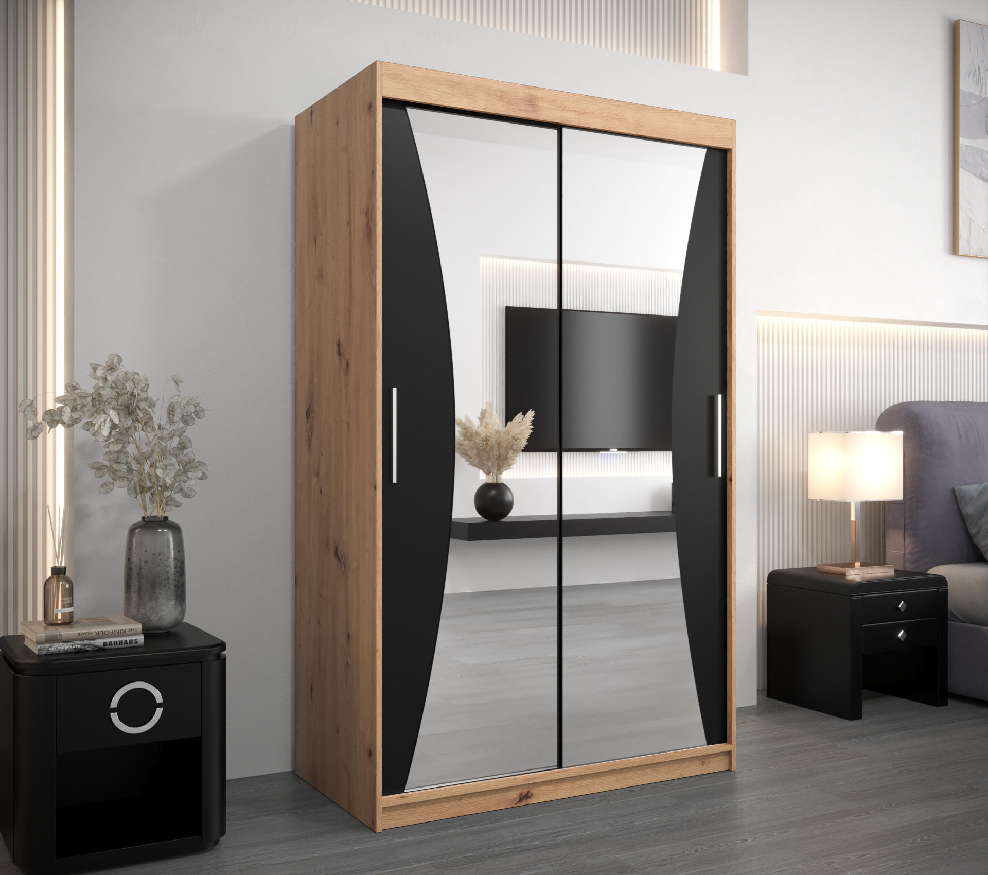 SCHWEBETÜRENSCHRANK 200/120/62 2-türig - Silberfarben/Schwarz, Holz/Kunststoff (120/200/62cm) - Abiks Möbel