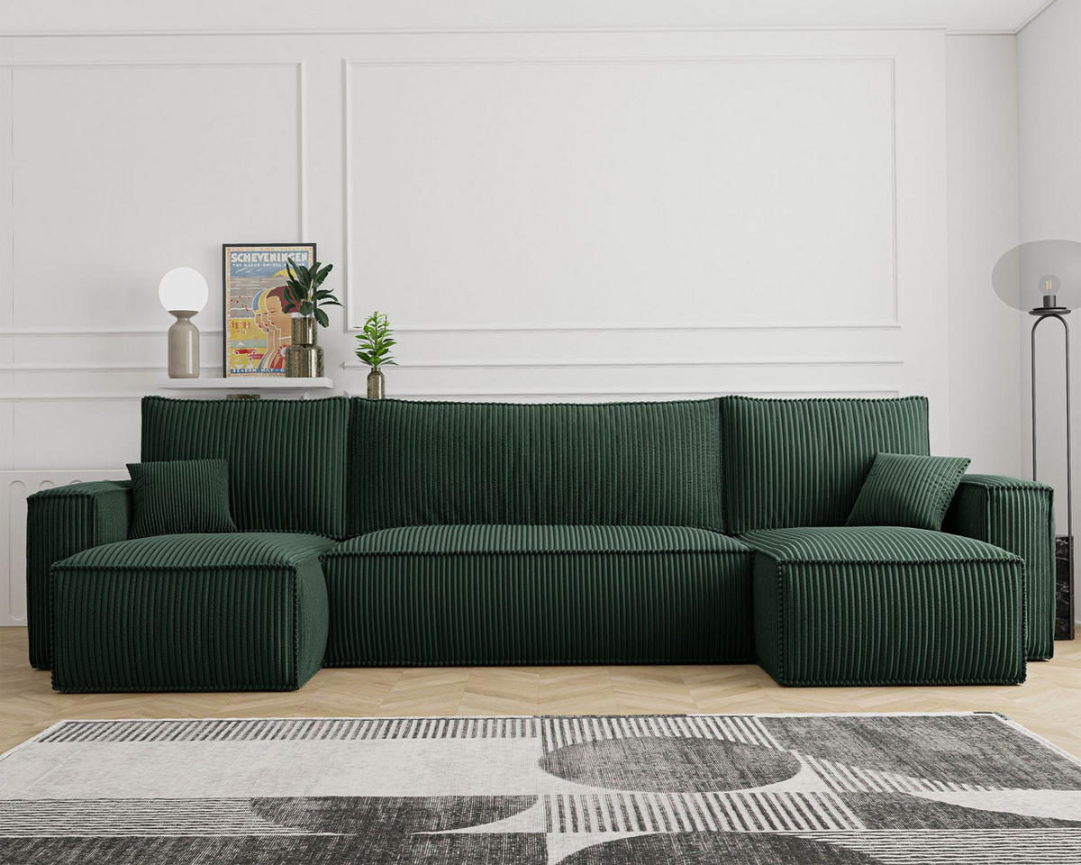 WOHNLANDSCHAFT Scarlo Dunkelgrün Cordbezug - Dunkelgrün/Schwarz, Kunststoff/Textil (312/83/145cm) - Selsey