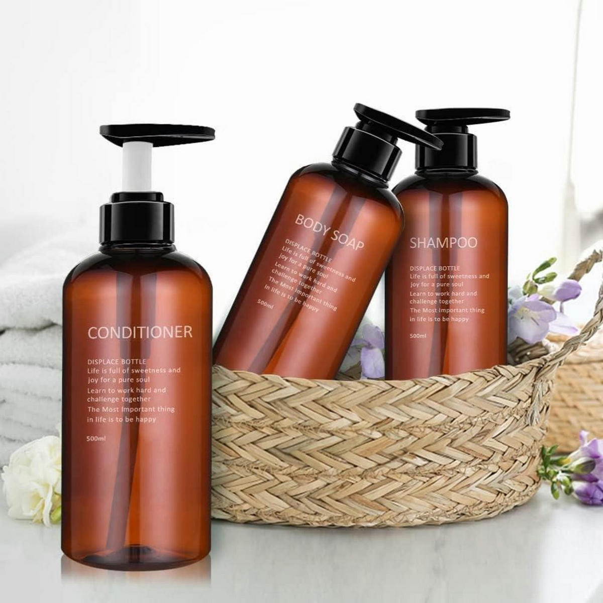 PUMPFLASCHEN 3er Set 500ml Braunes PET Kunststoff - Braun, Kunststoff (5/5/10cm)