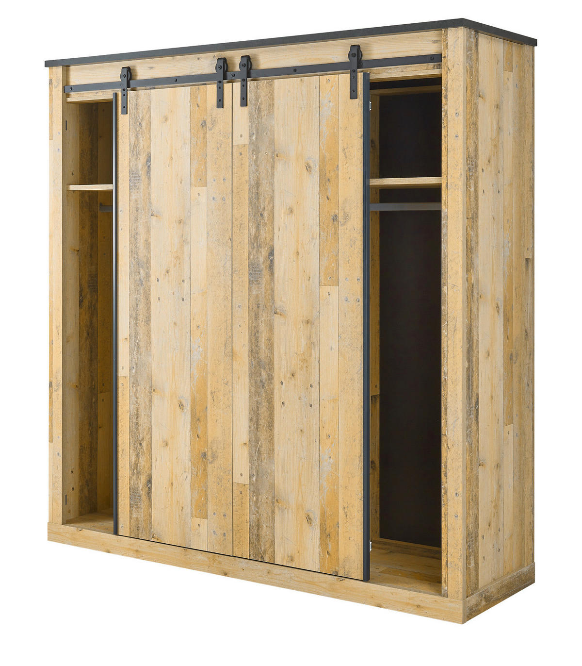 KLEIDERSCHRANK Used Wood hell, dunkles Grau 201 x 209 cm, Schiebetürenschrank 3-türig mit Spiegel - Dunkelgrau/Schwarz, Glas/Holzwerkstoff (201/209/63cm) - Furn.Design