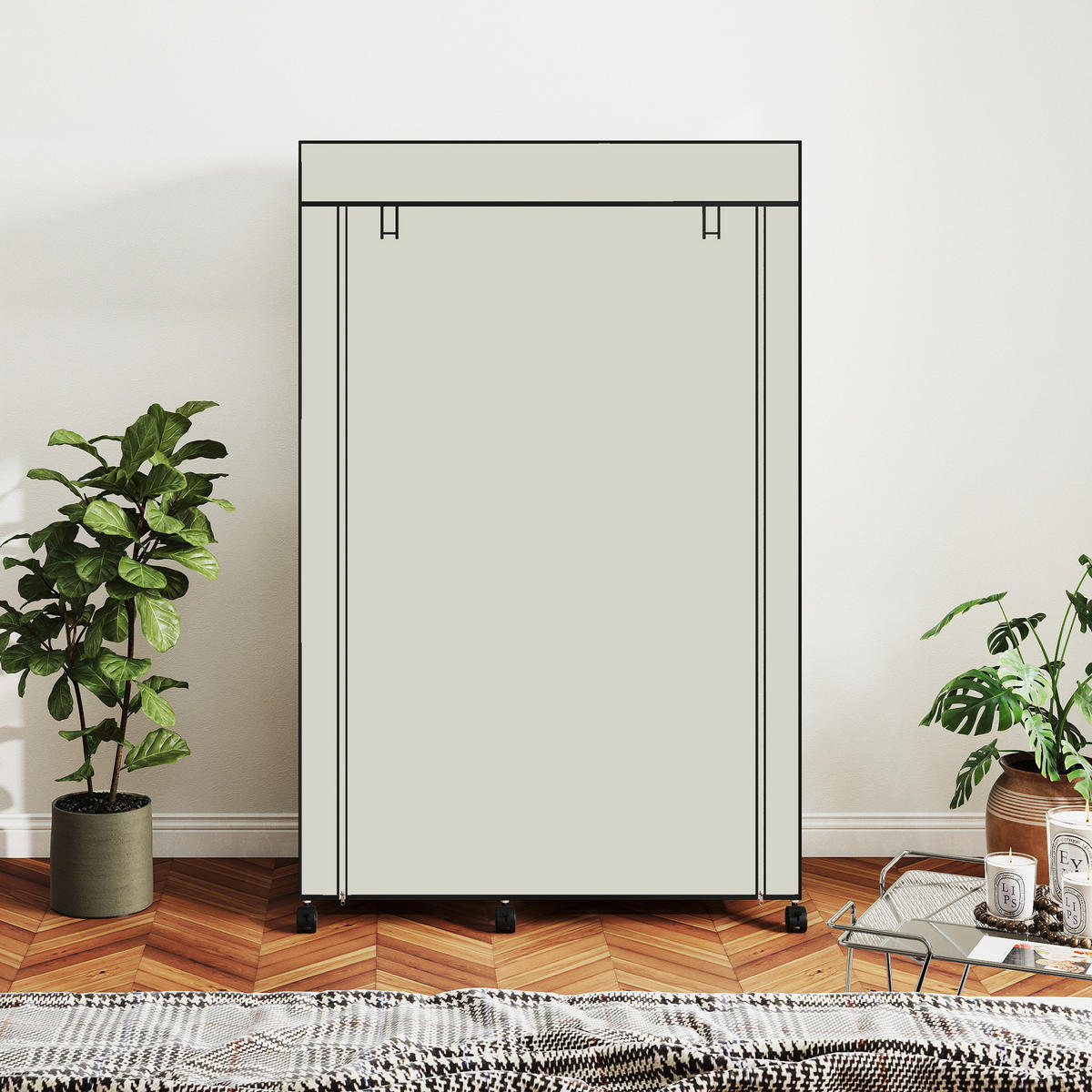 STOFFSCHRANK DE-17221 mit 1 Kleiderstange & 6 Böden, 6 Rollen Creme - Creme, Metall (43/162.5/103cm) - ComfortXL