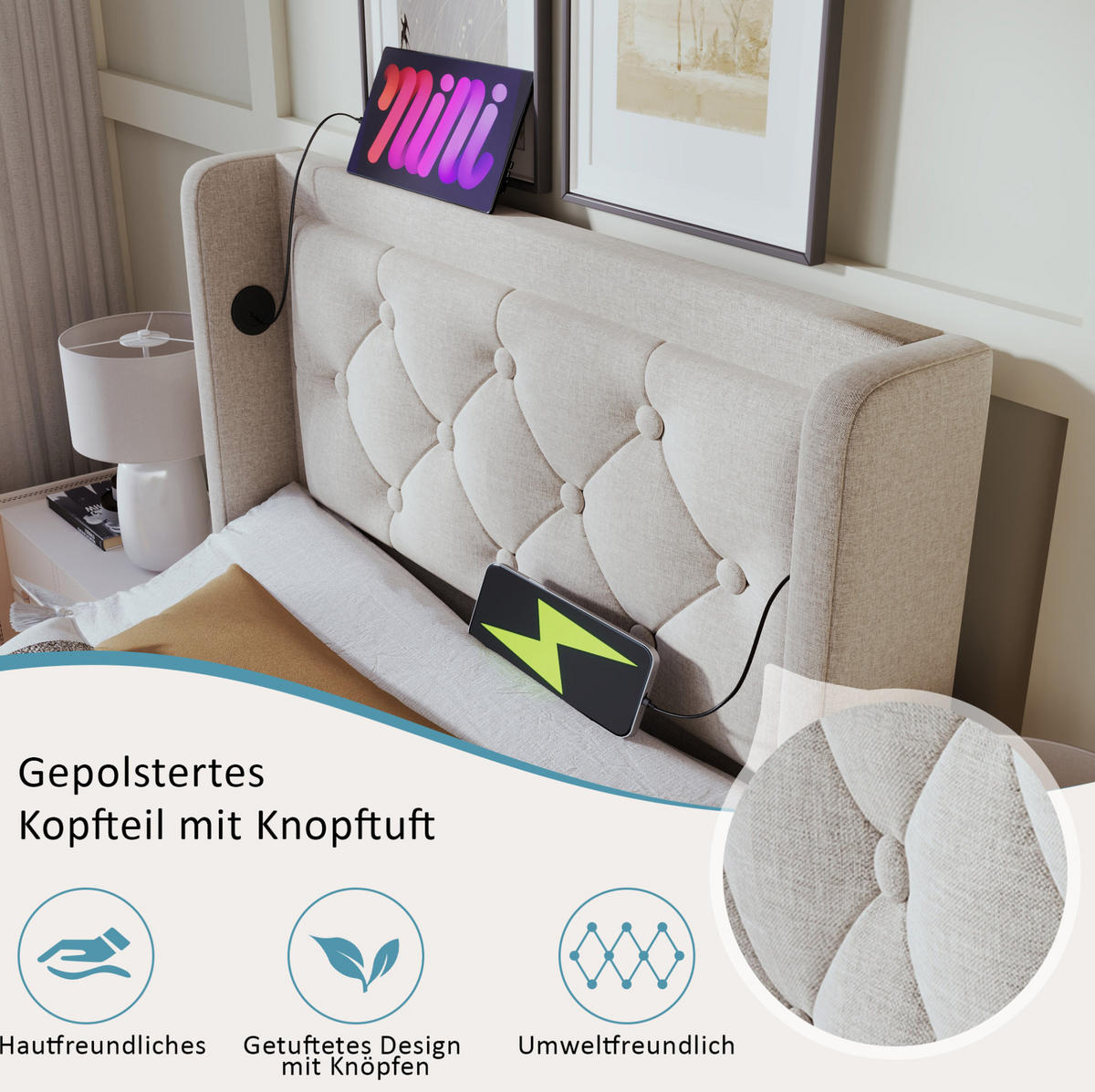 POLSTERBETT 90/200 cm mit USB, Typ-C, Matratze, 3-seitiger LED und hydraulischem Stauraum, Beige - Beige, Textil (90/200cm) - Redom