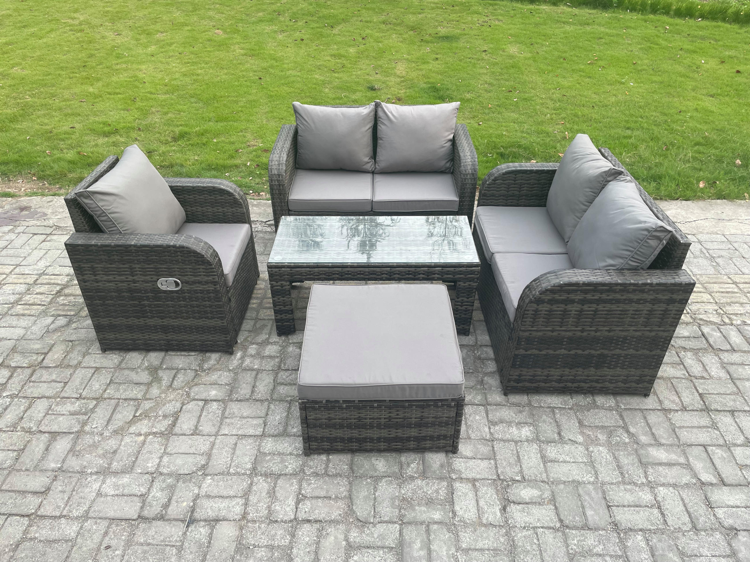 GARTENSOFA SET mit rechteckigem COUCHTISCH Polyrattan 8-Sitzer Dunkelgrau - Dunkelgrau/Grau, Glas/Kunststoff - Fimous