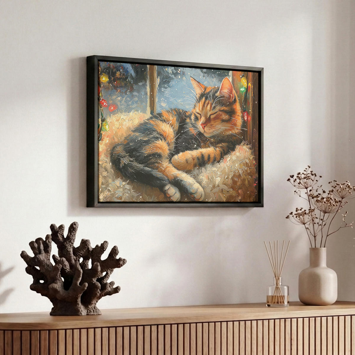 LEINWAND Bilder mit Rahmen - Katze - Weihnachten - Winter - Tier - 30x20 - Bernsteinfarben, Textil (30/20cm) - MuchoWow