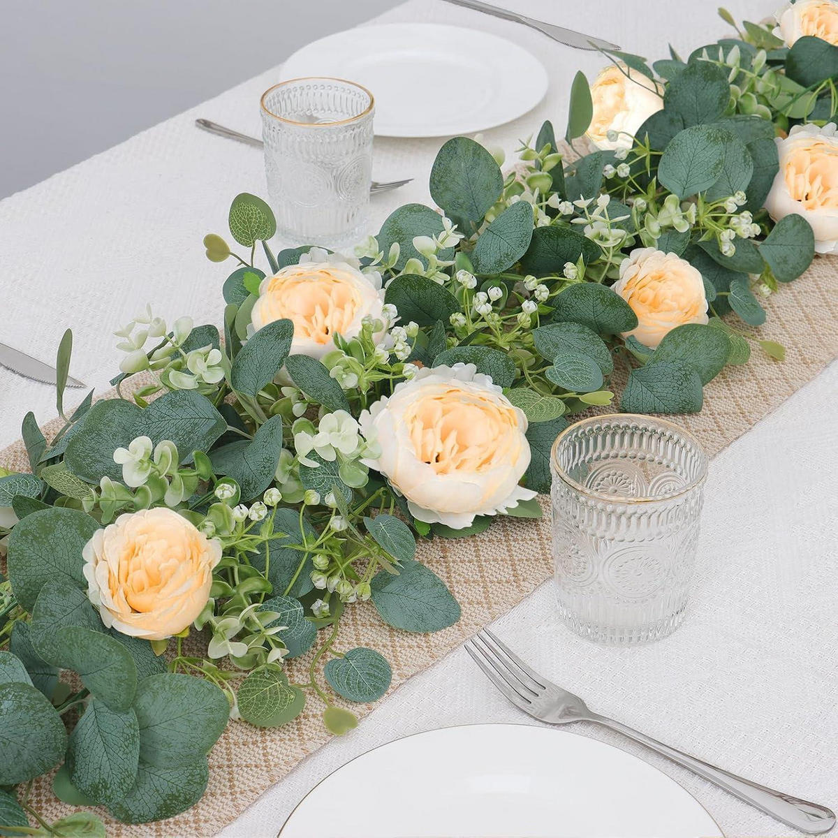 KÜNSTLICHE Blumengirlande Eukalyptus Pfingstrose 200 cm Champagner 2 Stück - Multicolor, Kunststoff (10cm)