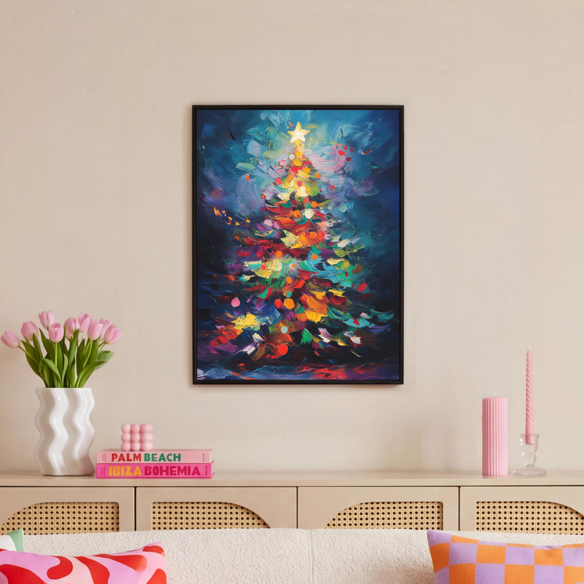 LEINWAND Bilder mit Rahmen - Weihnachtsbaum - Weihnachten - Abstrakt - Farbenfroh - 60x80 - Multicolor, Textil (60/80cm) - MuchoWow