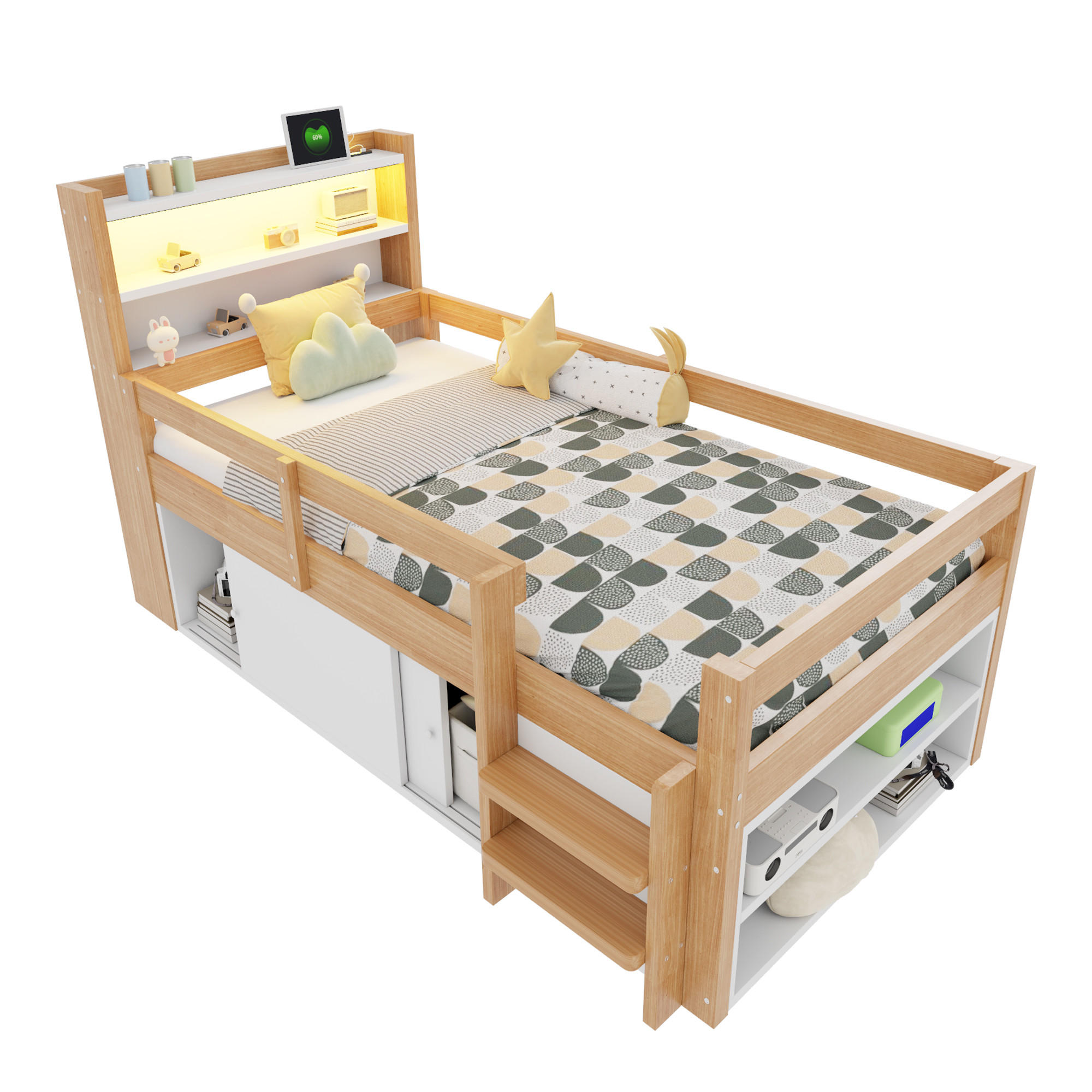 HOCHBETT 90/200 cm in Natur mit Ablageflächen, Staufächern, Schiebetüren, LED und USB - Naturfarben, Holzwerkstoff - STILVORA