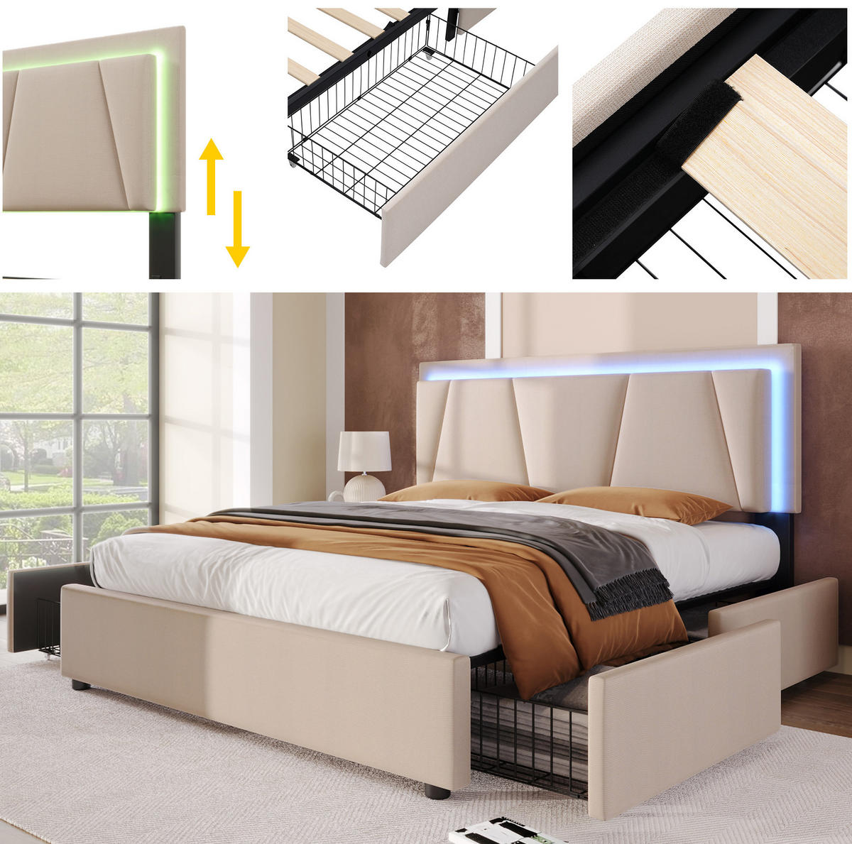 POLSTERBETT 160/200 cm mit LED-Beleuchtung, 4 Schubladen und verstellbarem Kopfteil, Beige - Beige, Holz (160/160cm) - Redom