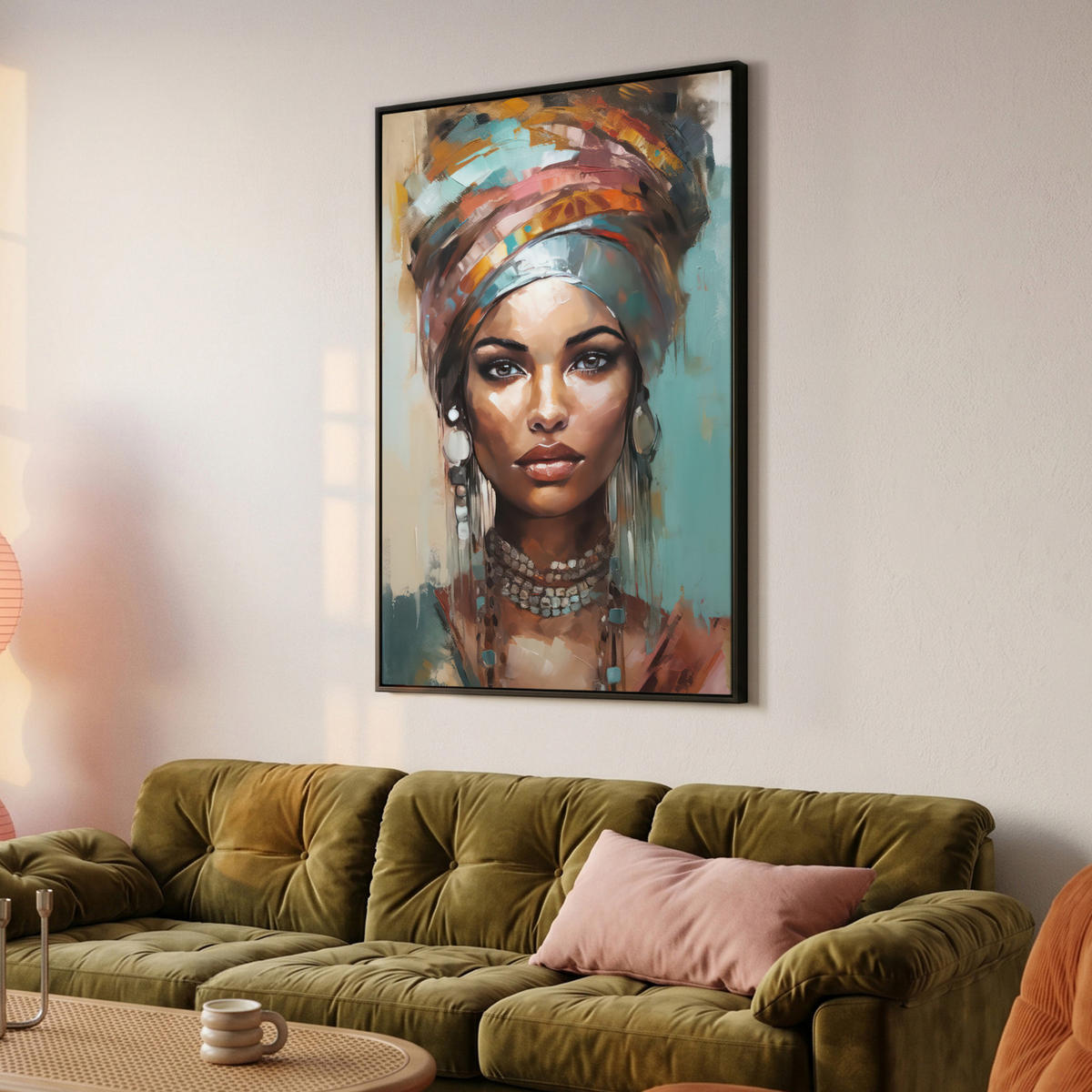LEINWAND Bilder mit Rahmen - Frau - Kunst - Schmuck - Porträt - 80x120 - Blaugrau, Textil (80/120cm) - MuchoWow