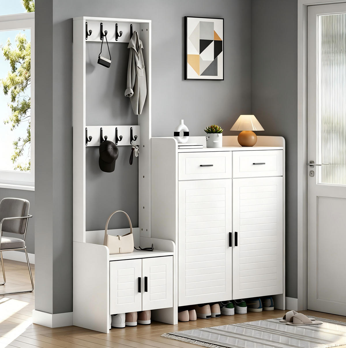 GARDEROBE 125/36/165 cm Weiß aus MDF mit 8 Haken und 10 Fächern - Weiß, Holzwerkstoff (32/165/125cm) - OKWISH