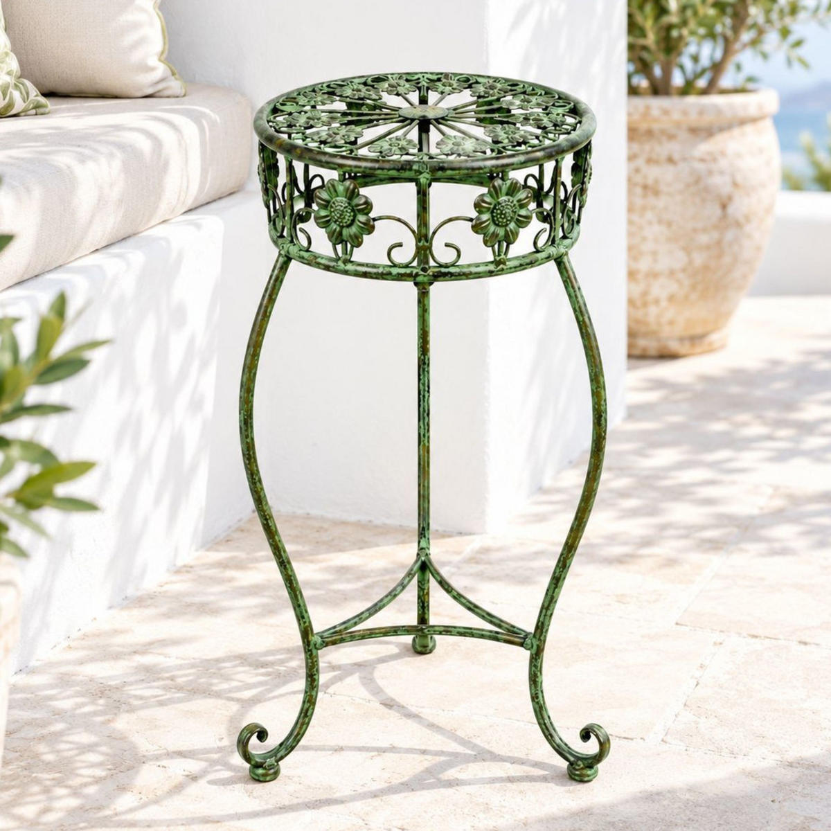 BLUMENHOCKER rund Metall Grün antik 26/26/50 cm - Grün, Metall (26/50/26cm) - DanDiBo