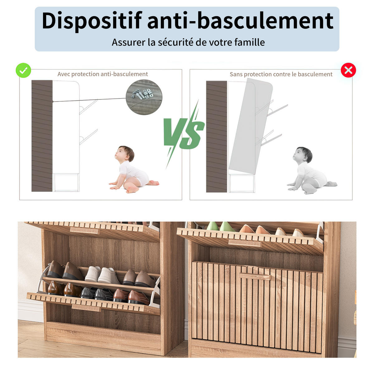 SCHUHSCHRANK 60x24x113 cm 3 Klapptüren Stauraum Holzoptik - Naturfarben, Holz (24/113/60cm) - LEBENLANG