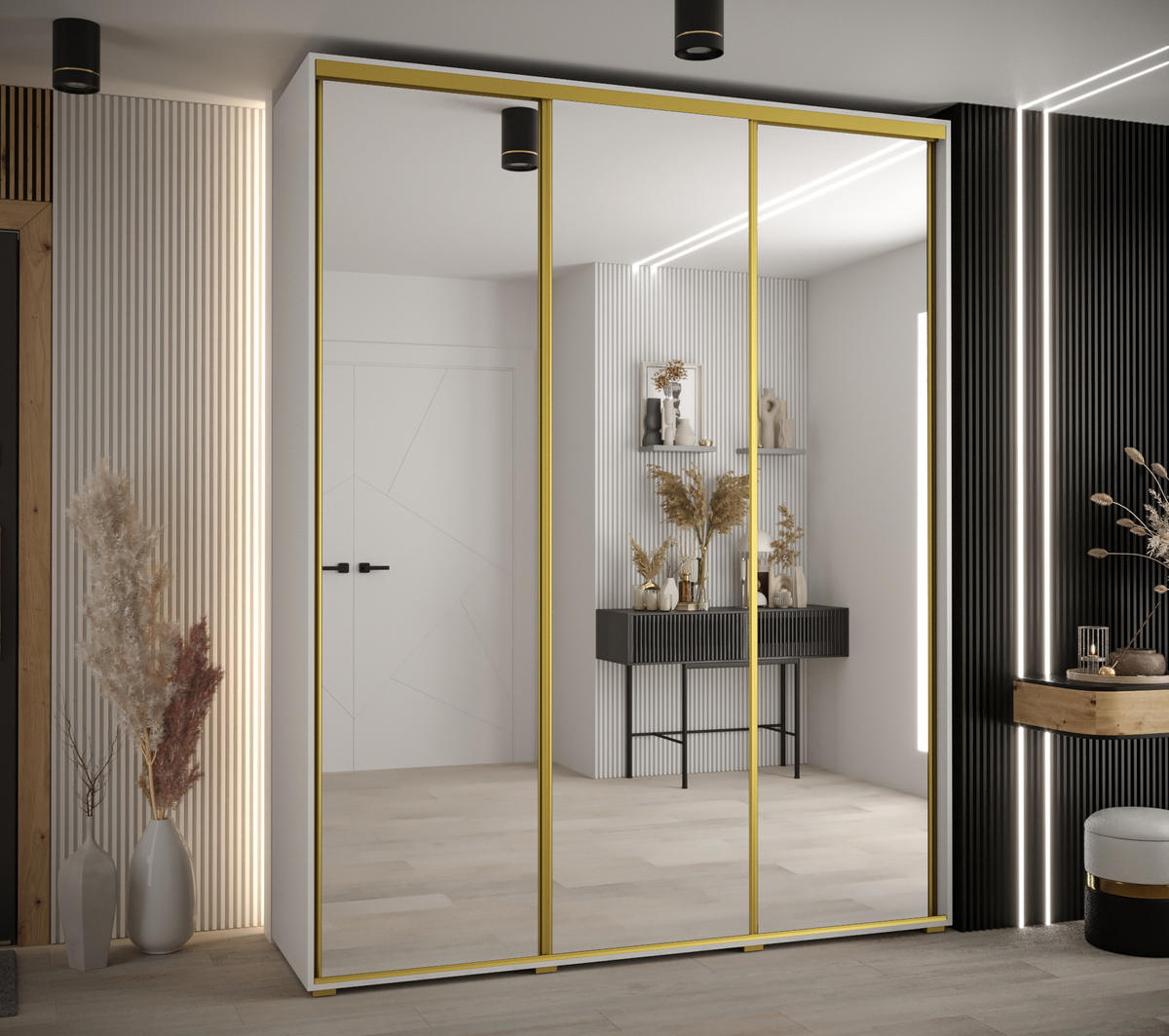 SCHWEBETÜRENSCHRANK 235,2/200/60 3-türig - Goldfarben/Weiß, Holz/Metall (200/235/60cm) - Abiks Möbel