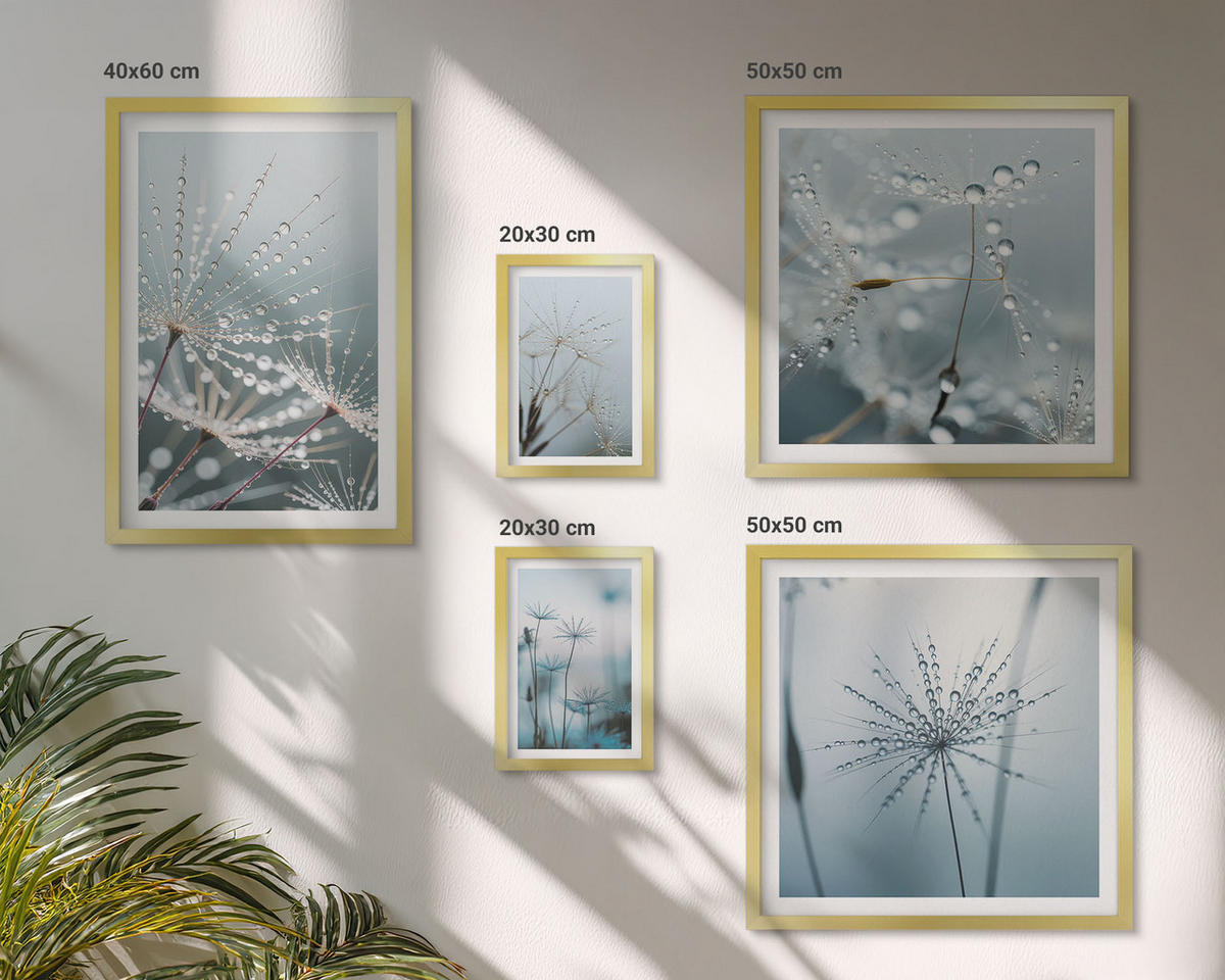 WANDBILDER 5er Set - 50x50 cm & 20x30 cm & 40x60 cm Goldrahmen - Tautropfen auf Löwenzahn - Goldfarben, Kunststoff (40/60cm) - ArtPrintCave