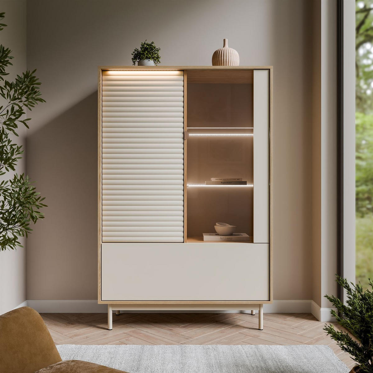 VITRINE FLORENCE 2D1W mit LED-Beleuchtung - Kaschmir, Holzwerkstoff (100/152/40cm) - Lookway