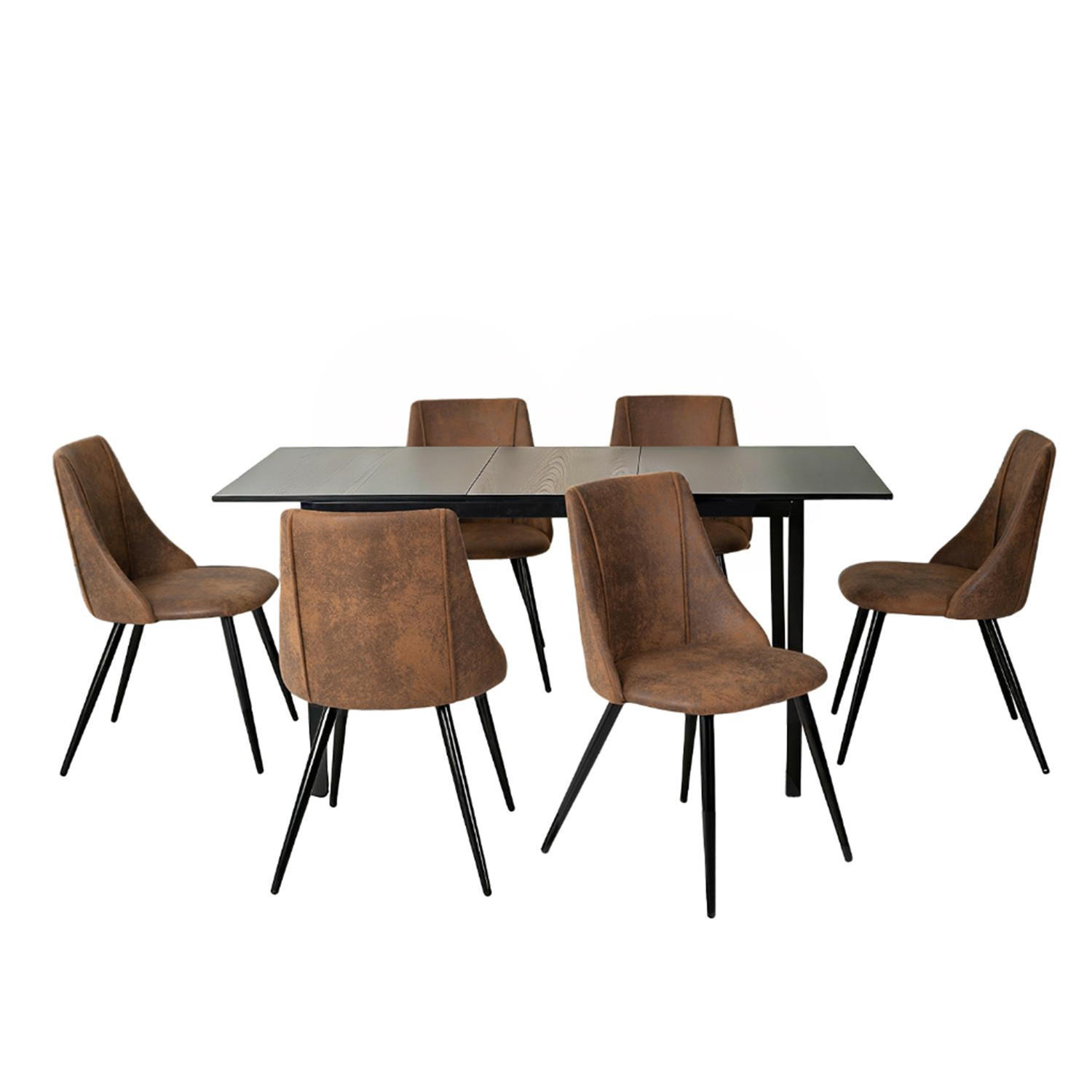 ESSGRUPPE mit 1 ausziehbaren Tisch und 6 Stühlen aus Suede in Braun - Multicolor/Schwarz, Metall (40/86/39cm) - Meubles Cosy