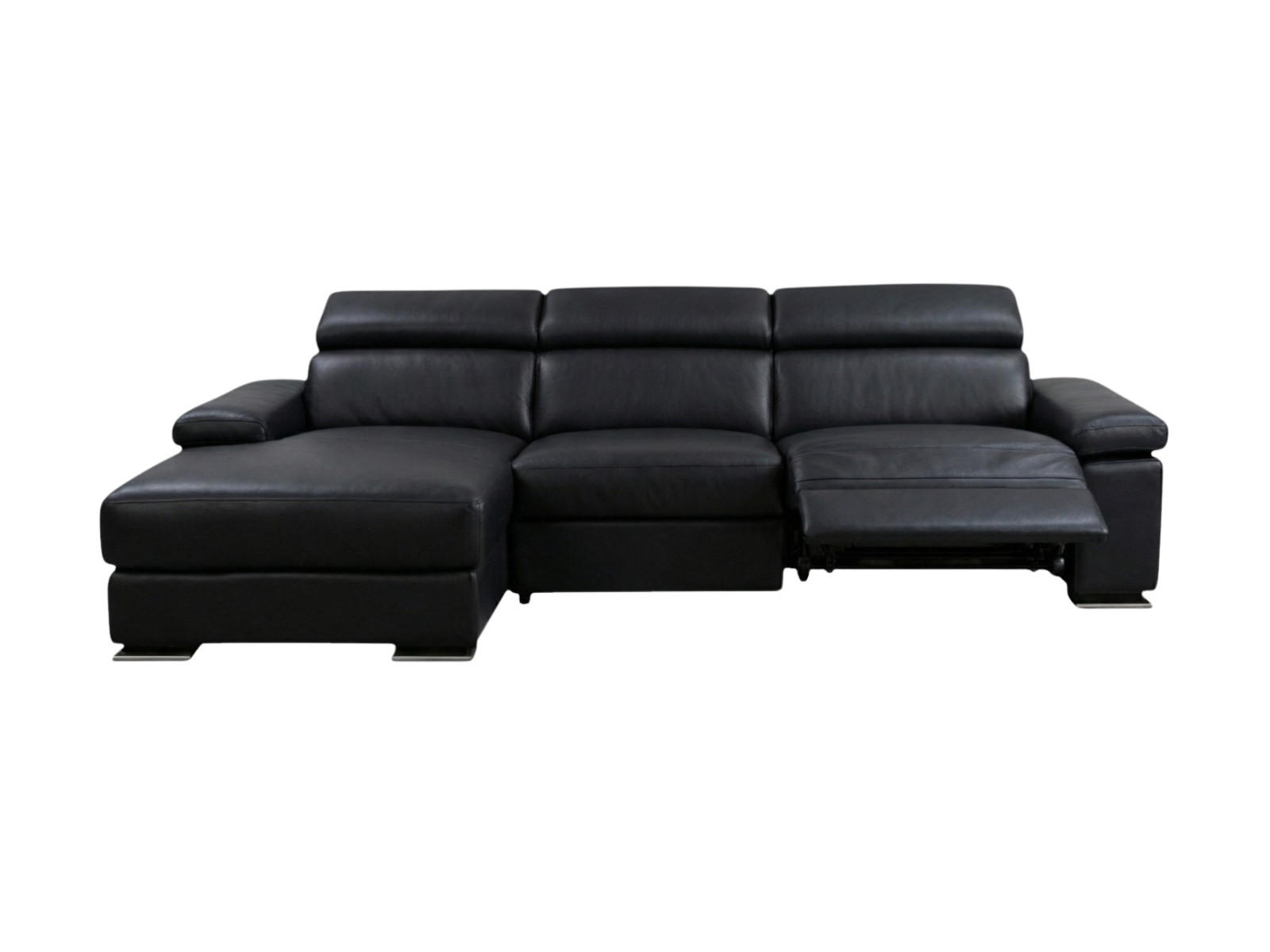 ECKSOFA Plutone Echtleder mit 1 x Relaxfunktion Schwarz - Schwarz, Leder/Metall (286/165cm)